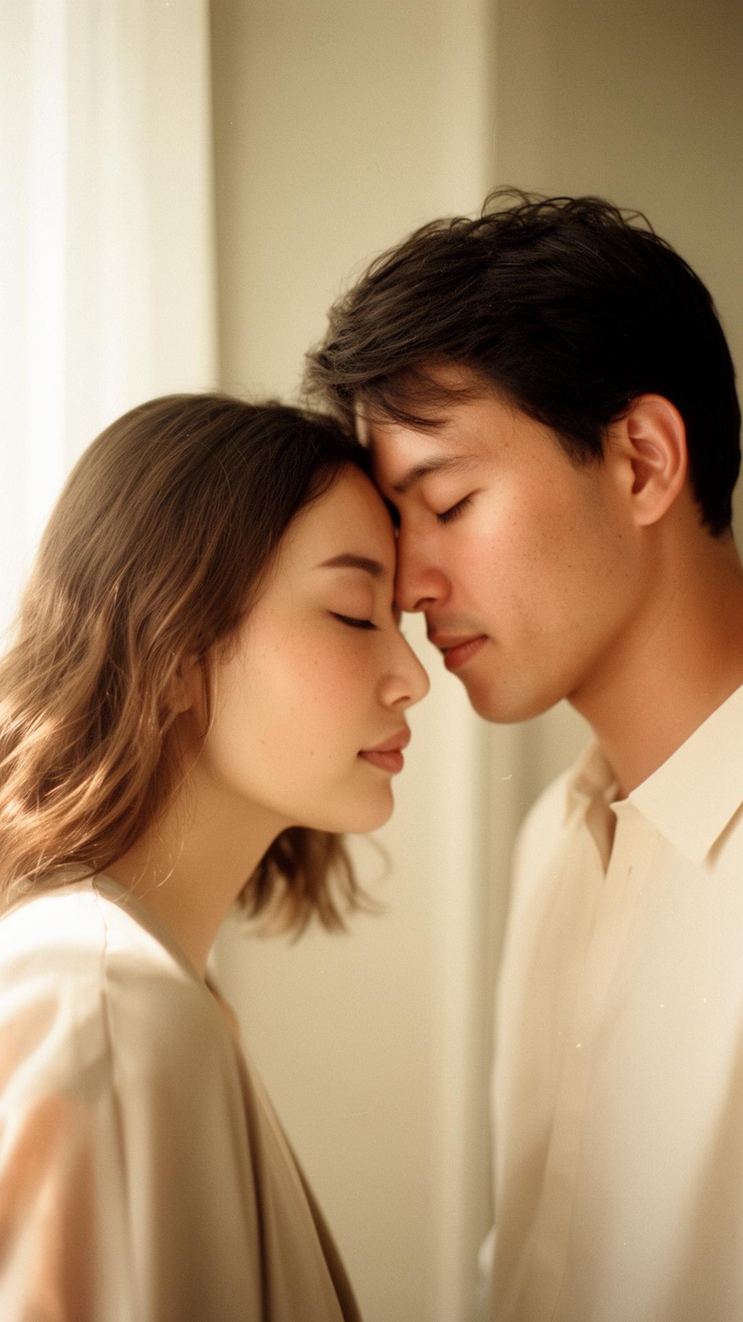 A couple resting forehead to forehead in soft window light