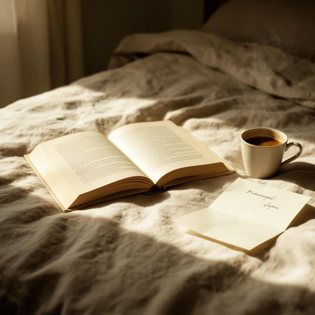 An open book and a cup of coffee on linen sheets in morning light