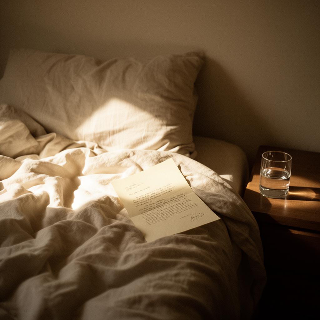 Soft cream bed linen and a folded letter in afternoon light