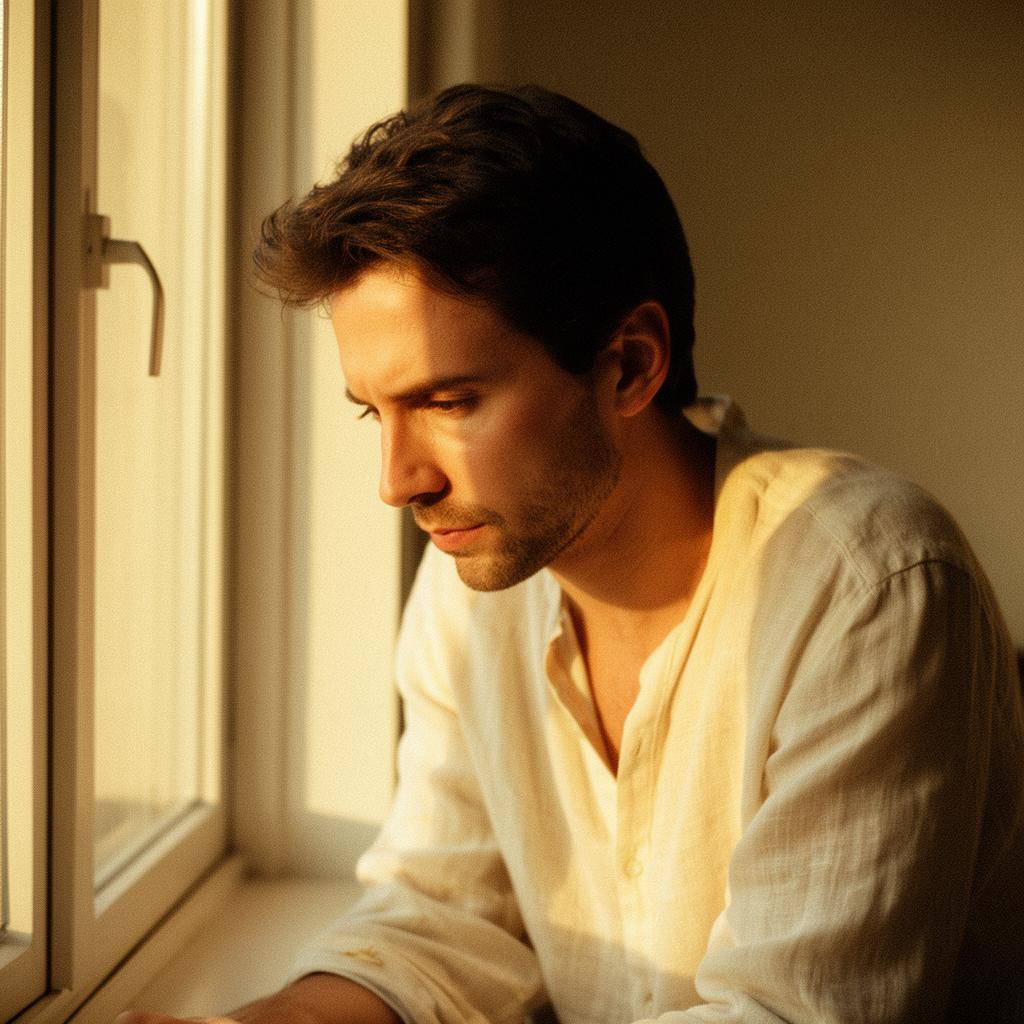 A contemplative man by a sunlit window