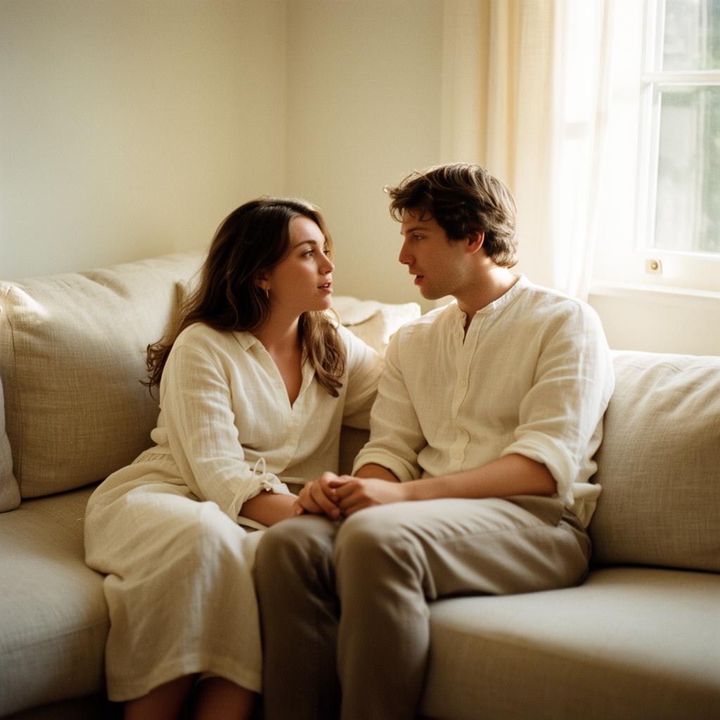 A couple in linen sitting close in conversation by window light