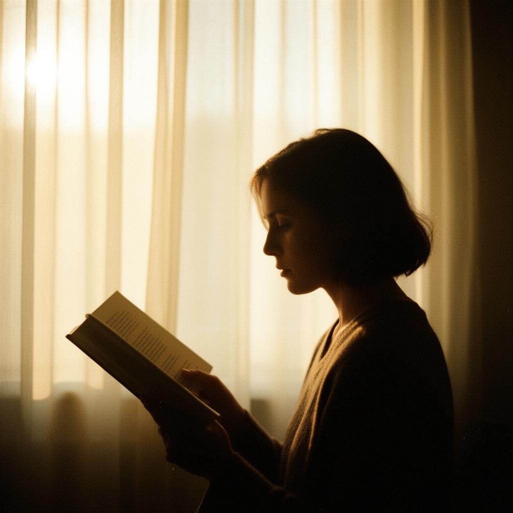 Silhouette of a woman reading by warm sunlit window