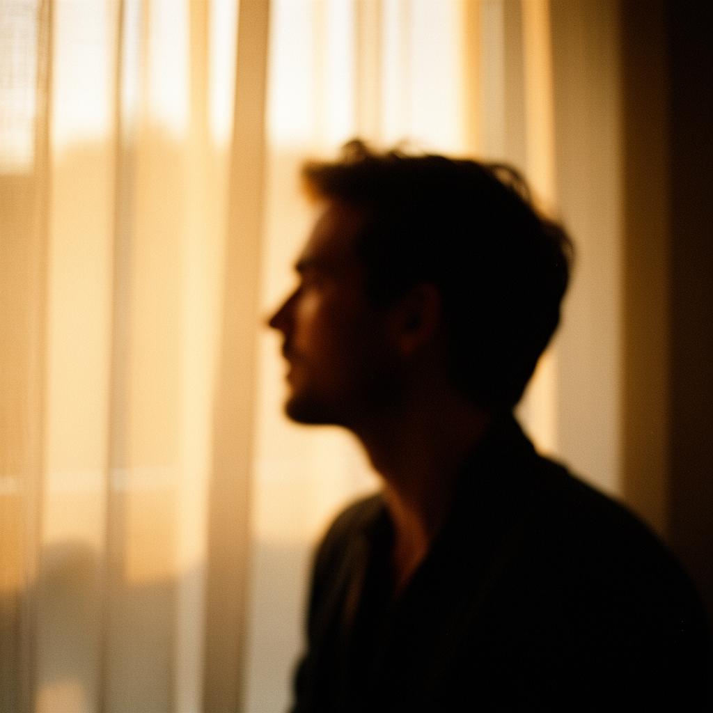Soft silhouette of a man near a sunlit curtain
