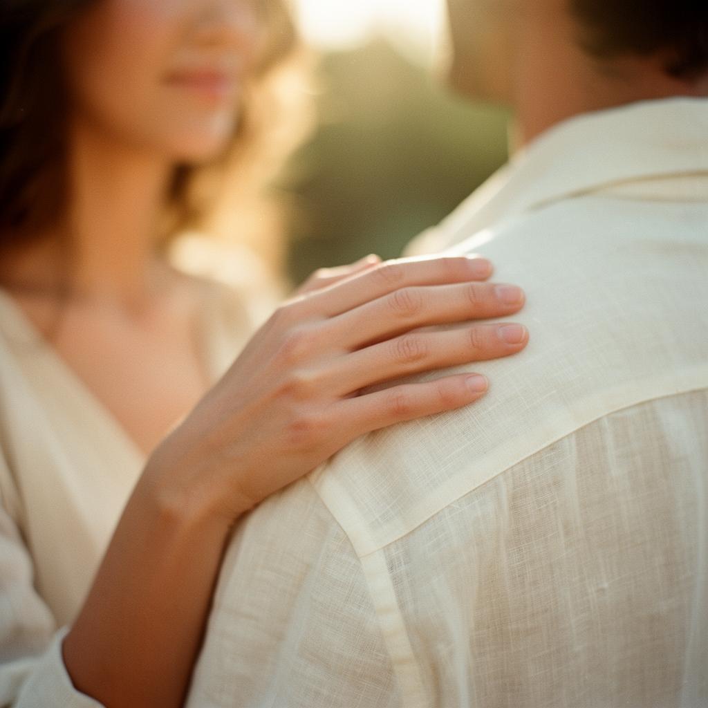 A woman's hand resting gently on a man's linen-shirted shoulder