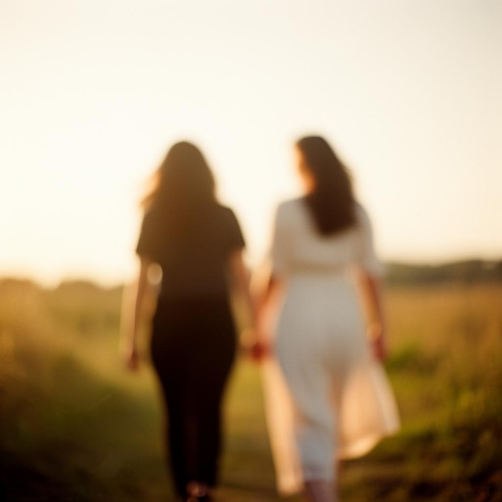 Blurred silhouettes of two figures walking together in golden hour light